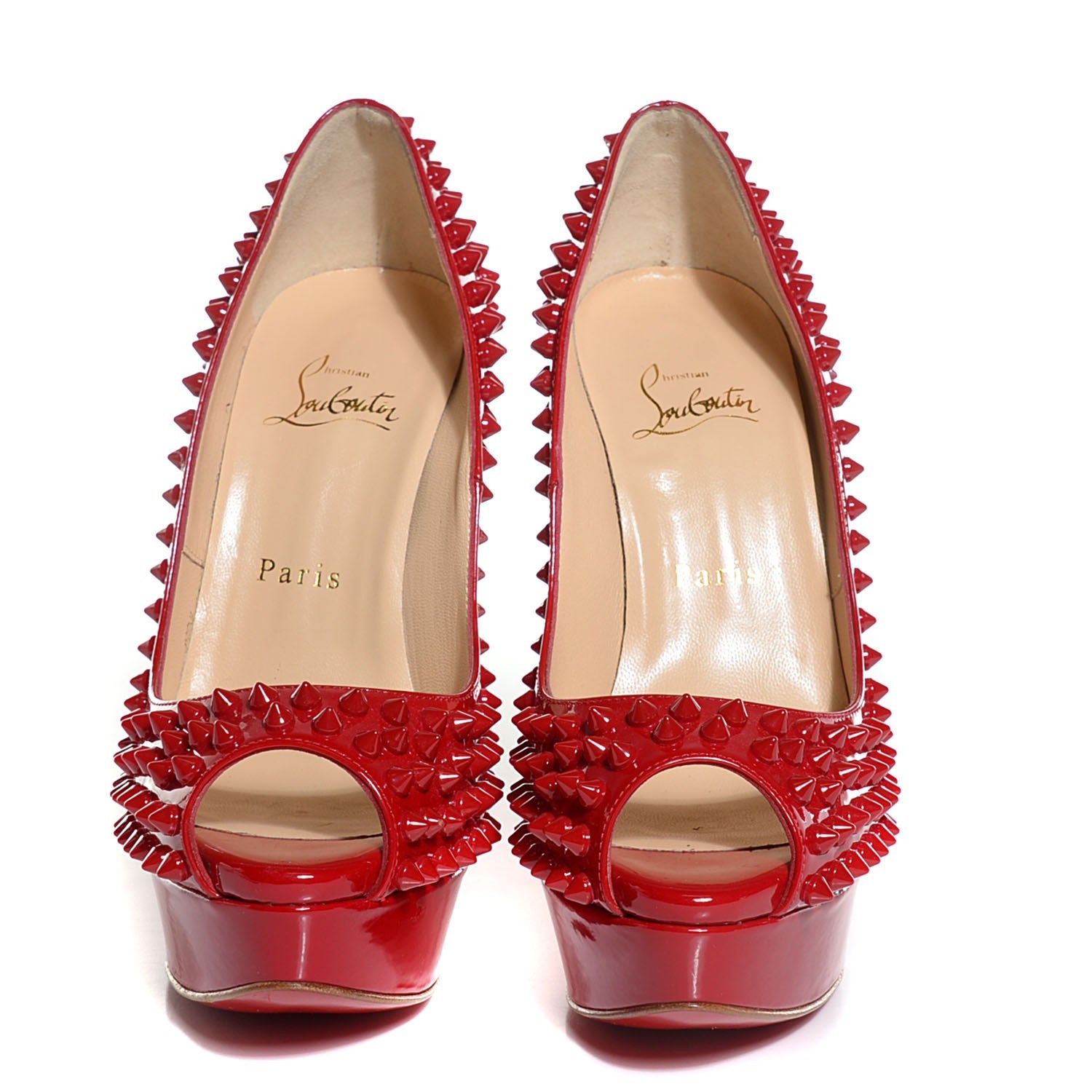 Christian Louboutin Patent Lady Peep Spikes VIP 150 Pumps 37 Red 2 of 7