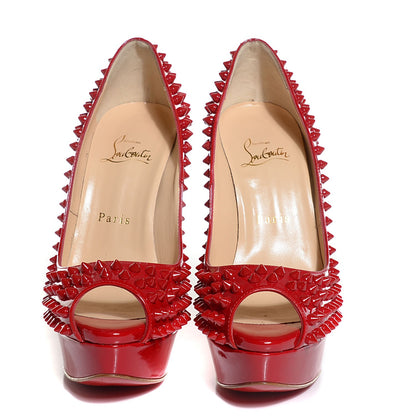 Christian Louboutin Patent Lady Peep Spikes VIP 150 Pumps 37 Red 2 of 7