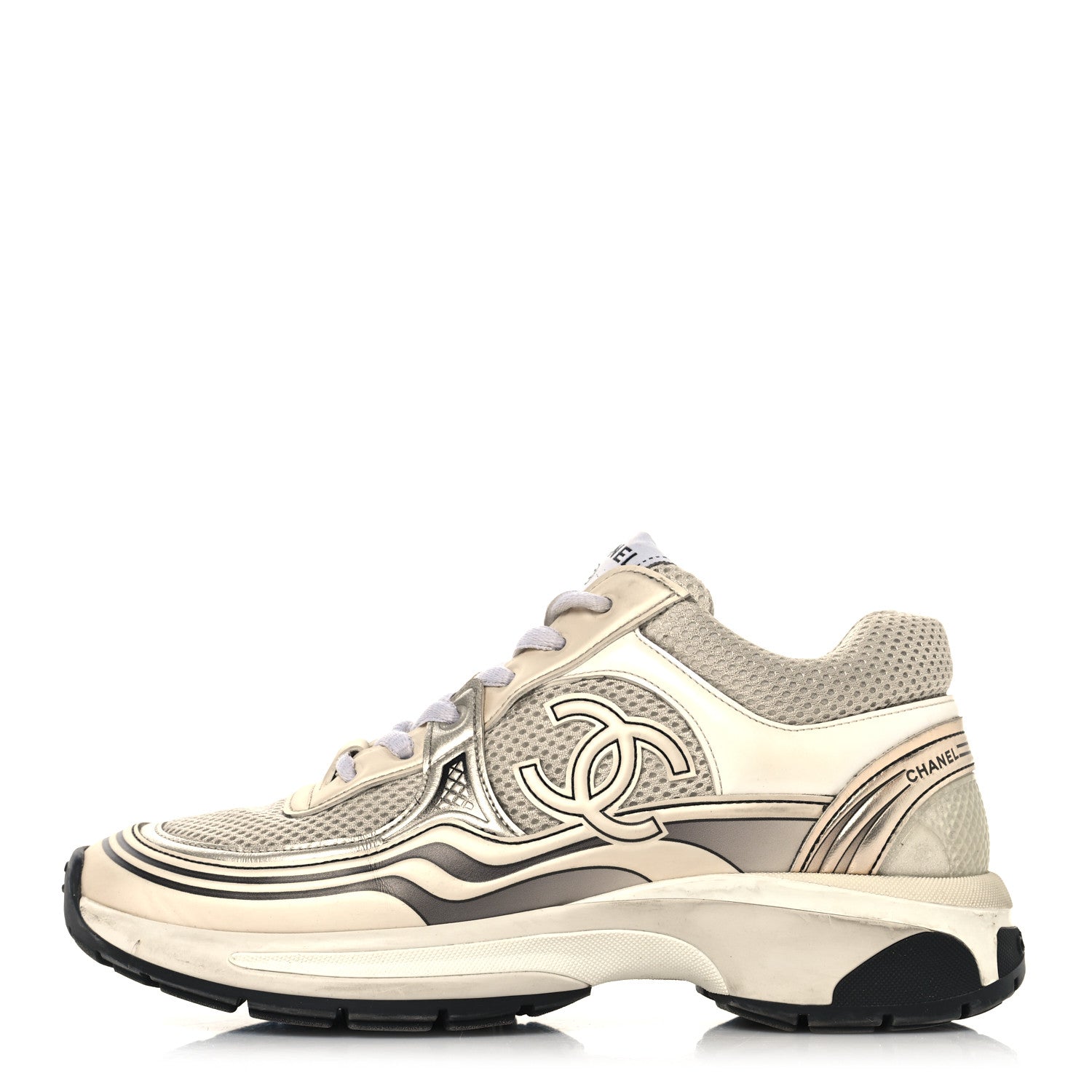 Chanel Fabric Laminated Calfskin Stretch CC Womens Sneakers 37 Ivory White Silver 1 of 9