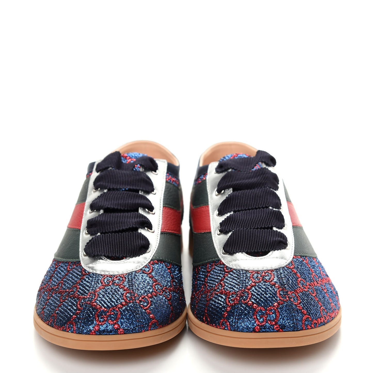 Lurex Calfskin Web GG Monogram Mens Falacer Sneakers 8.5 Iridescent Blue Iridescent Red Silver