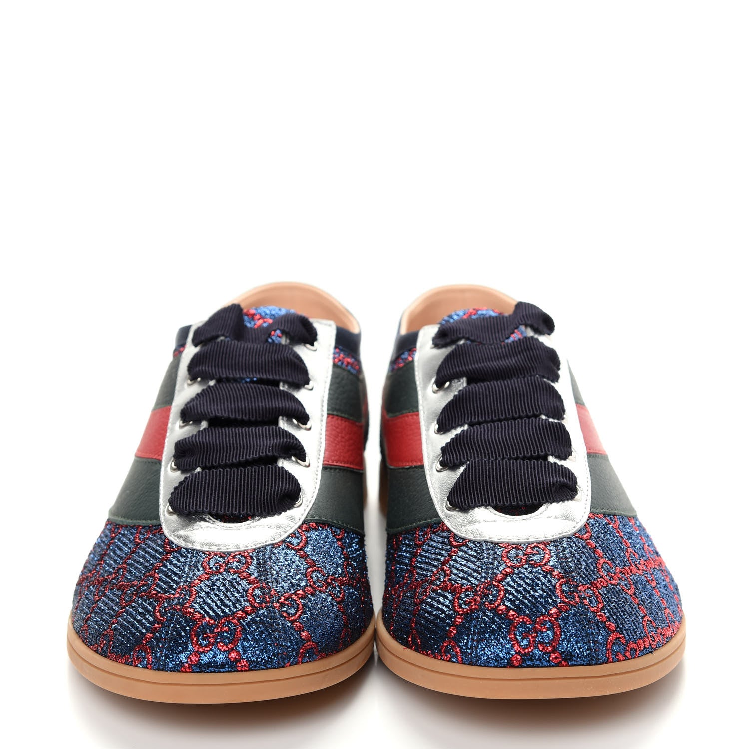 Gucci Lurex Calfskin Web GG Monogram Mens Falacer Sneakers 8.5 Iridescent Blue Iridescent Red Silver 2 of 11
