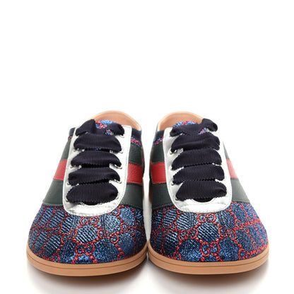 Gucci Lurex Calfskin Web GG Monogram Mens Falacer Sneakers 8.5 Iridescent Blue Iridescent Red Silver 2 of 11