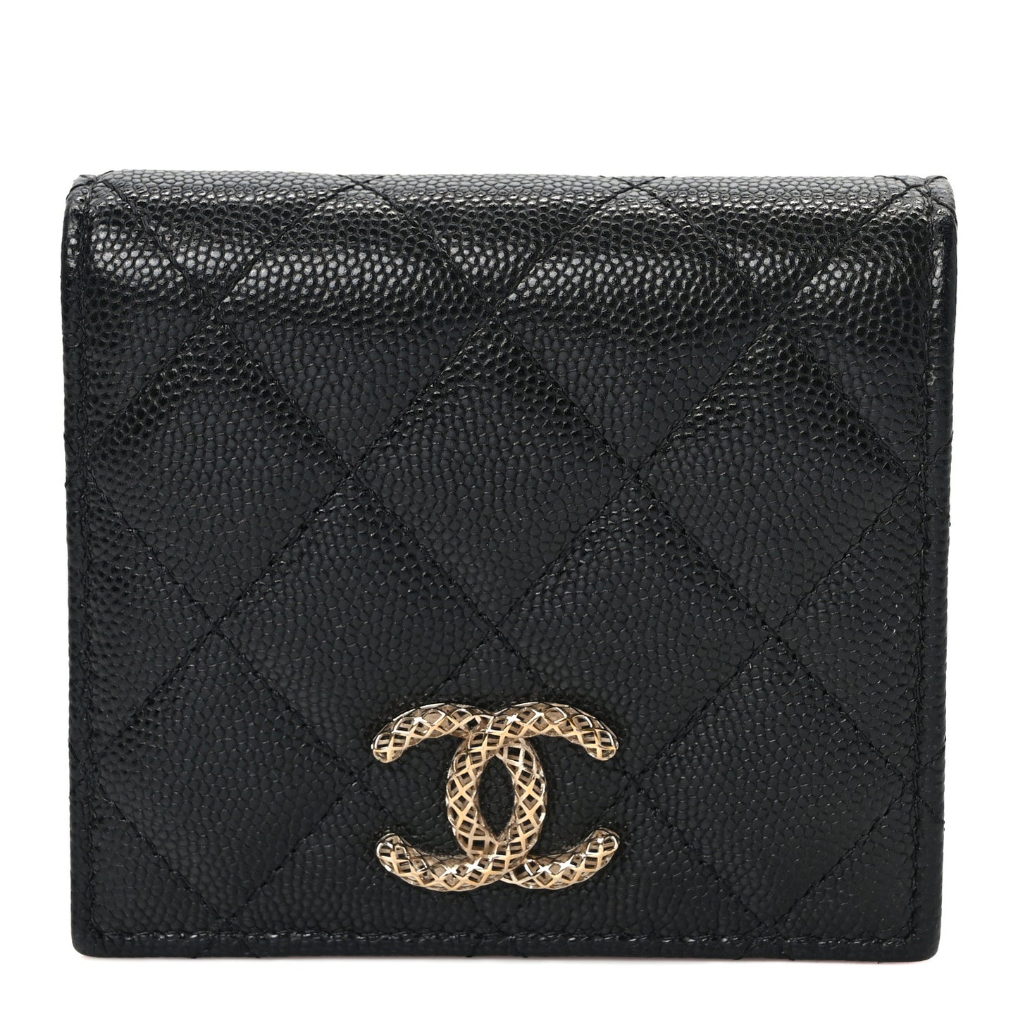 Caviar Metal Perforated Quilted Compact Bifold Wallet Black