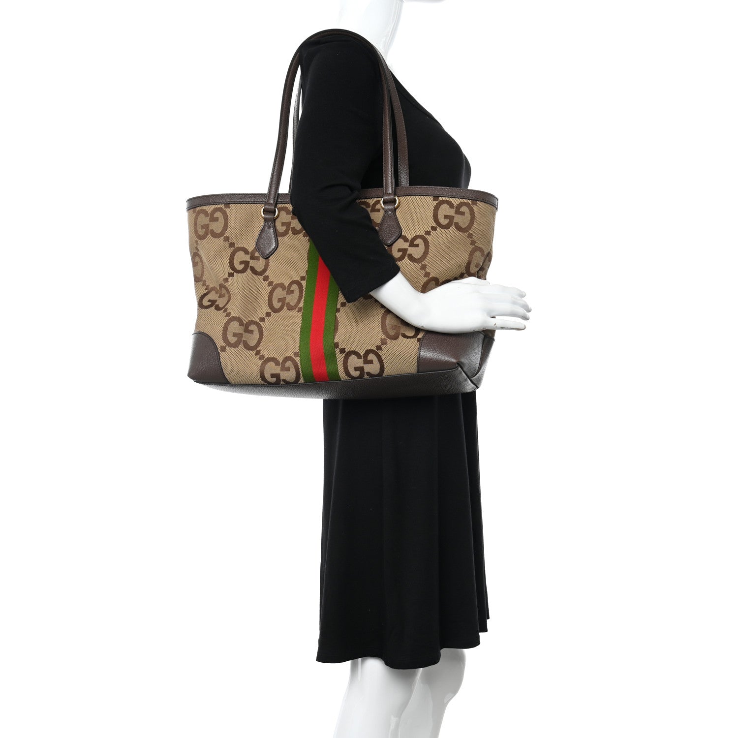 Gucci Monogram Jumbo GG Textured Dollar Calfskin Web Medium Ophidia Shopping Tote Camel Ebony 3 of 11