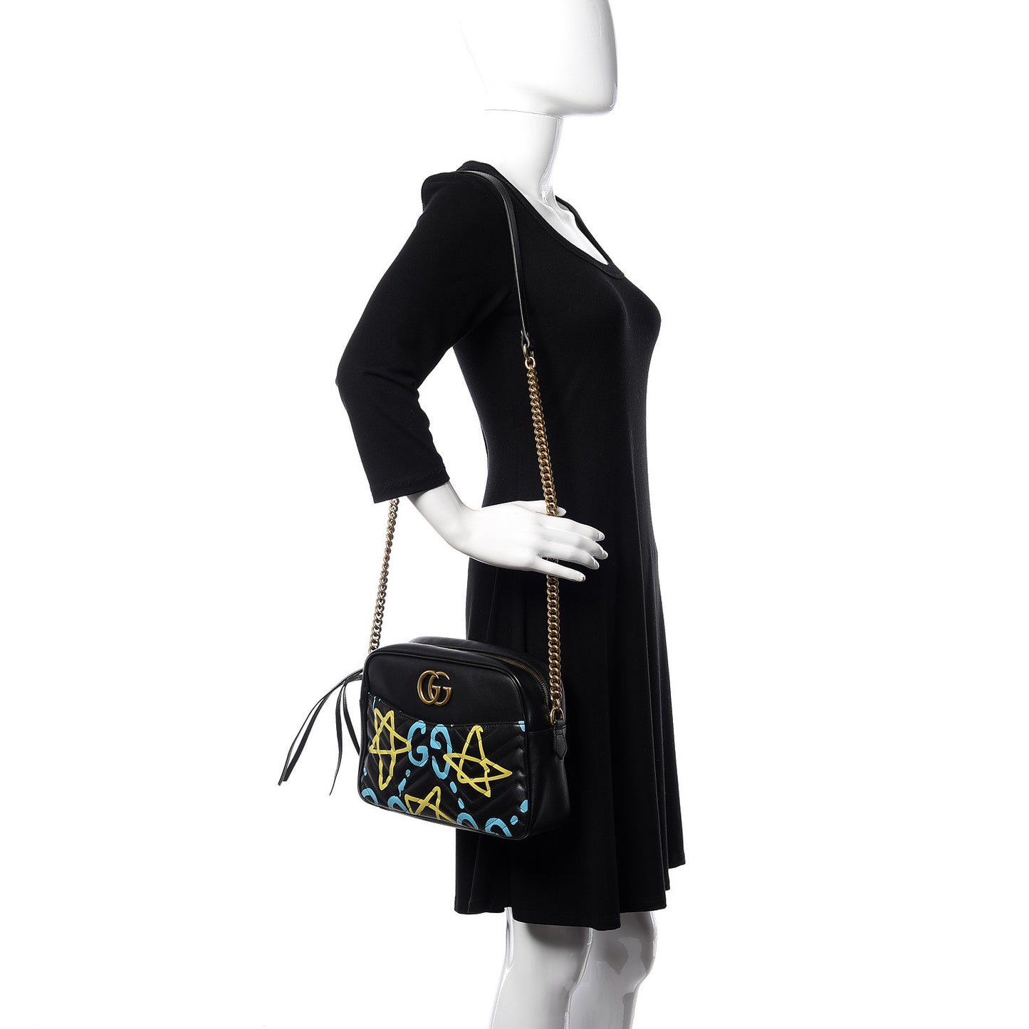 Calfskin Matelasse GucciGhost Medium GG Marmont Chain Shoulder Bag Black New Acquamarine