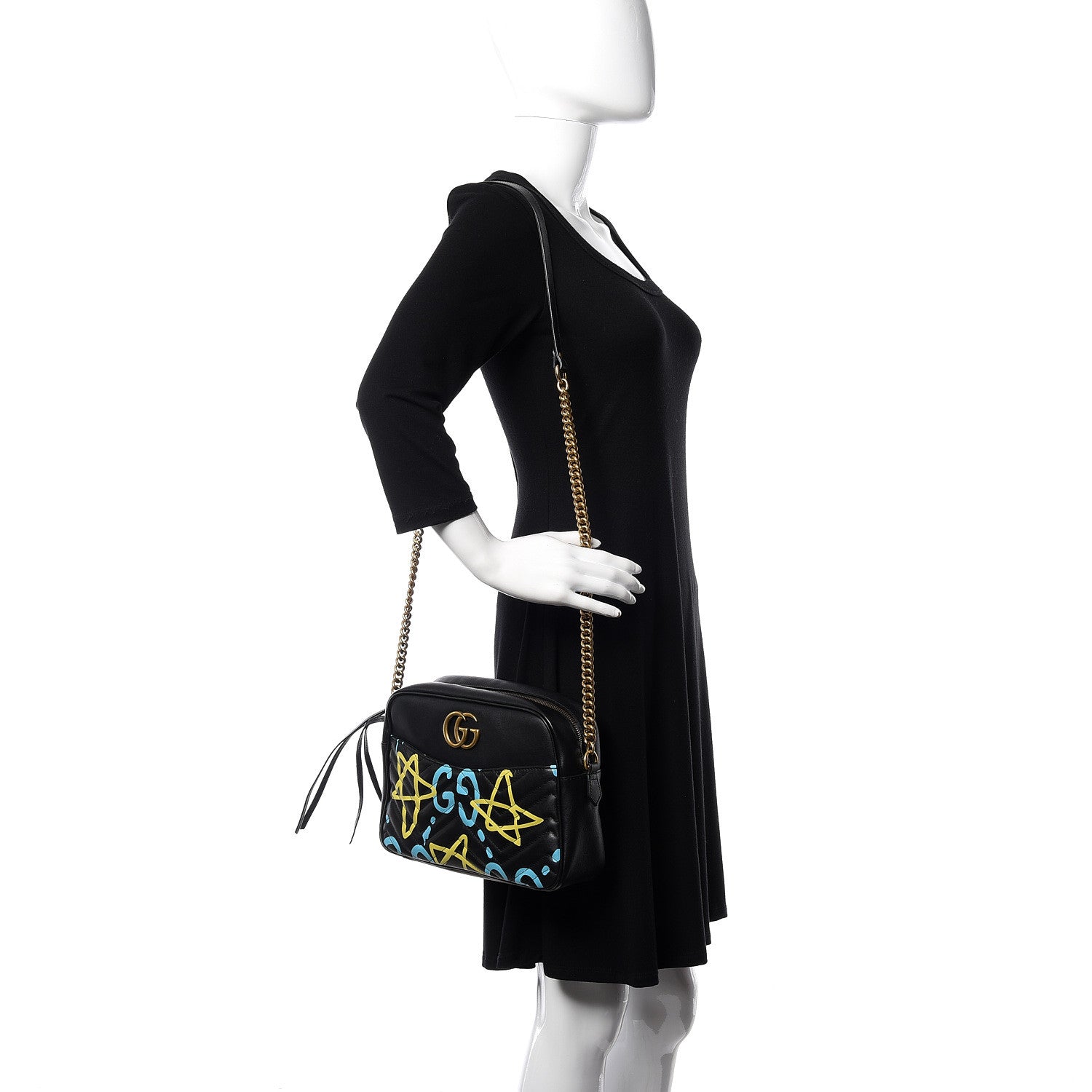 Gucci Calfskin Matelasse GucciGhost Medium GG Marmont Chain Shoulder Bag Black New Acquamarine 2 of 13