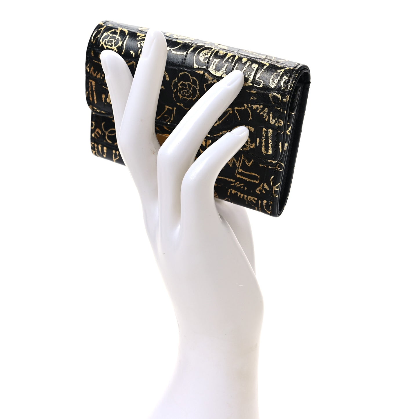 Calfskin Crocodile Embossed Graffiti Reissue Card Holder Wallet Black Gold
