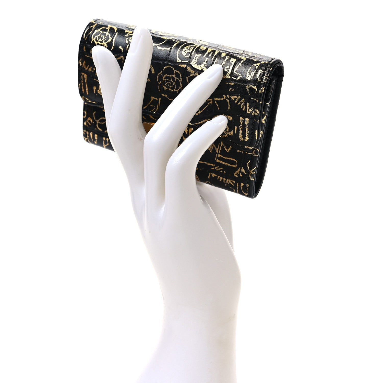Chanel Calfskin Crocodile Embossed Graffiti Reissue Card Holder Wallet Black Gold 2 of 9