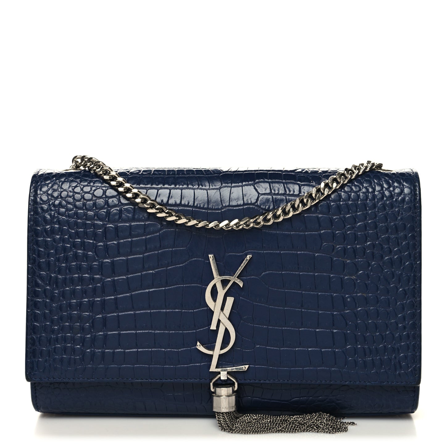 Calfskin Crocodile Embossed Medium Classic Monogram Kate Tassel Satchel Deep Marine