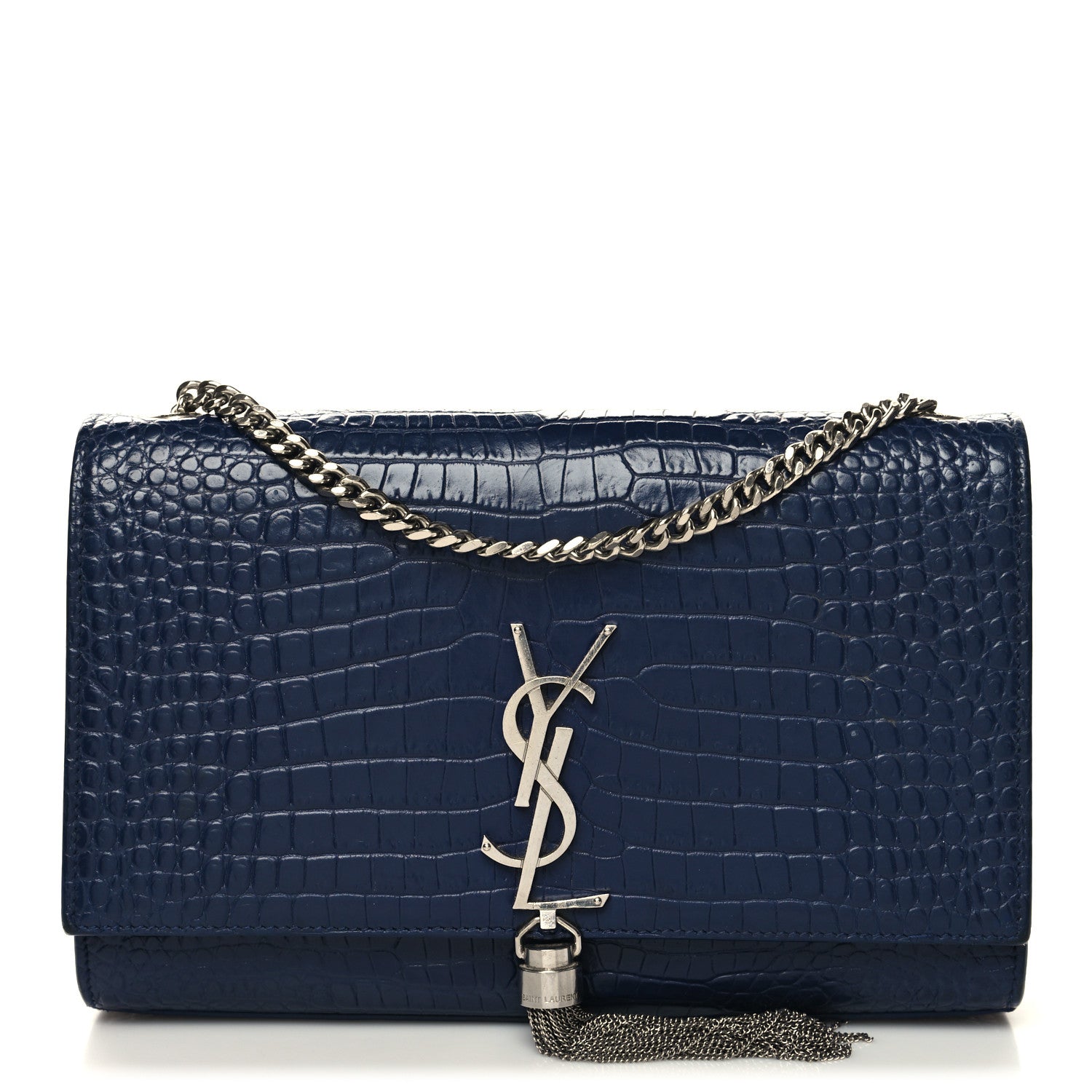Saint Laurent Calfskin Crocodile Embossed Medium Classic Monogram Kate Tassel Satchel Deep Marine 1 of 11