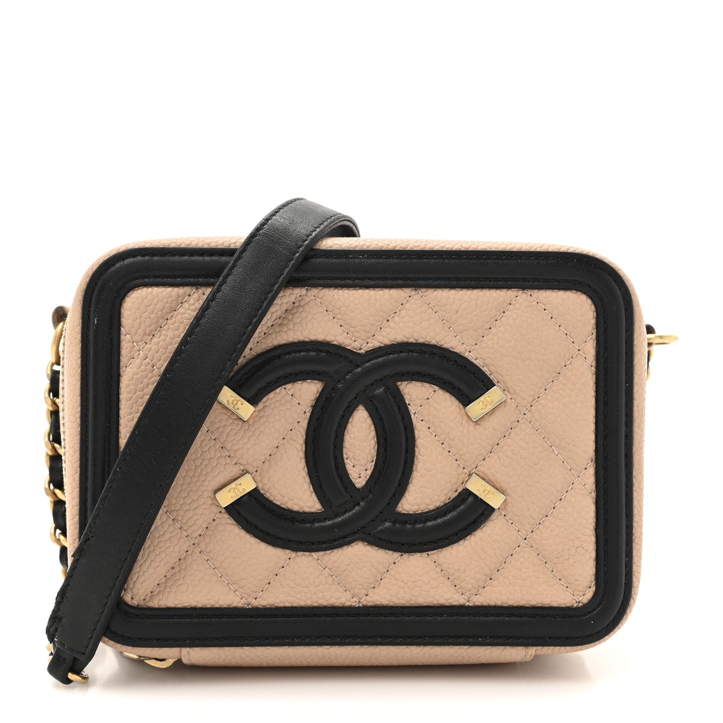 Caviar Quilted CC Filigree Vanity Clutch With Chain Beige Black