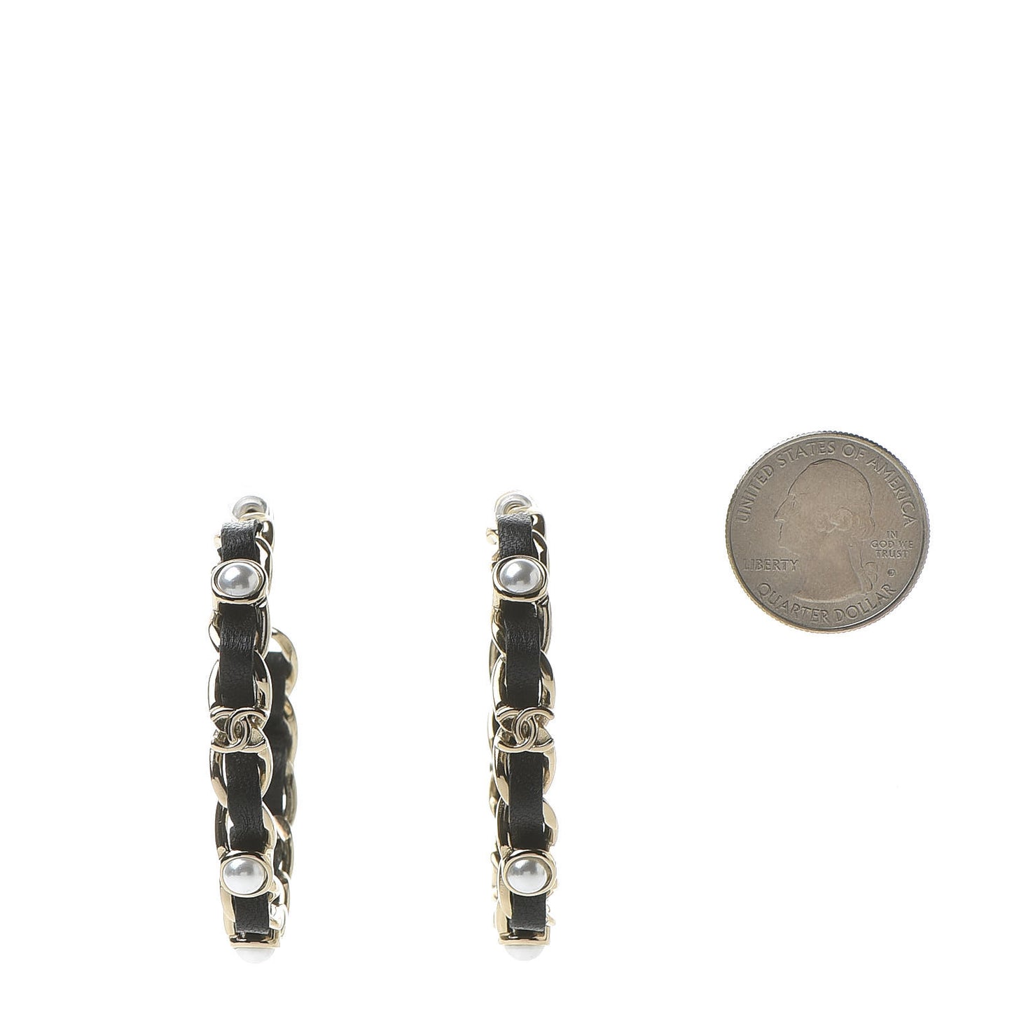 Lambskin Pearl CC Chain Hoop Earrings Gold Black
