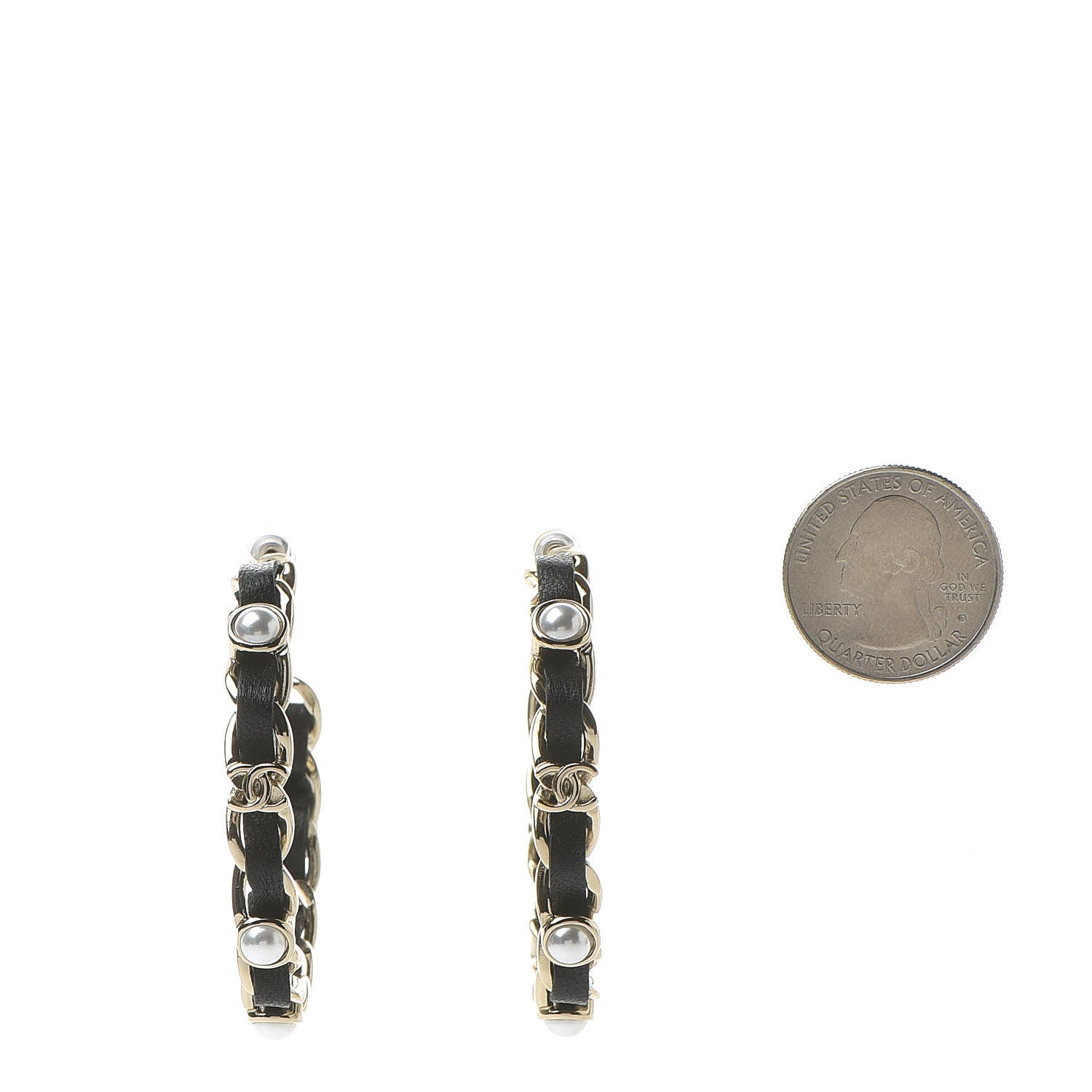 Chanel Lambskin Pearl CC Chain Hoop Earrings Gold Black 2 of 5