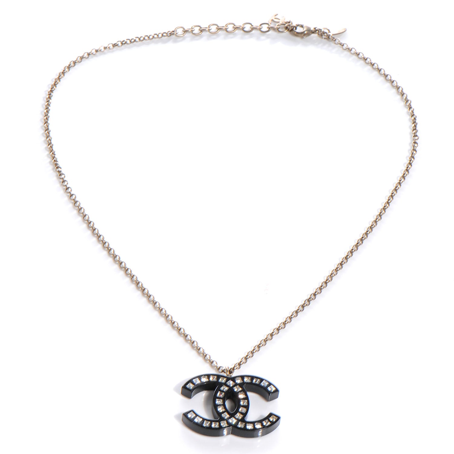 Chanel Crystal Studded CC Necklace Black Silver 3 of 5