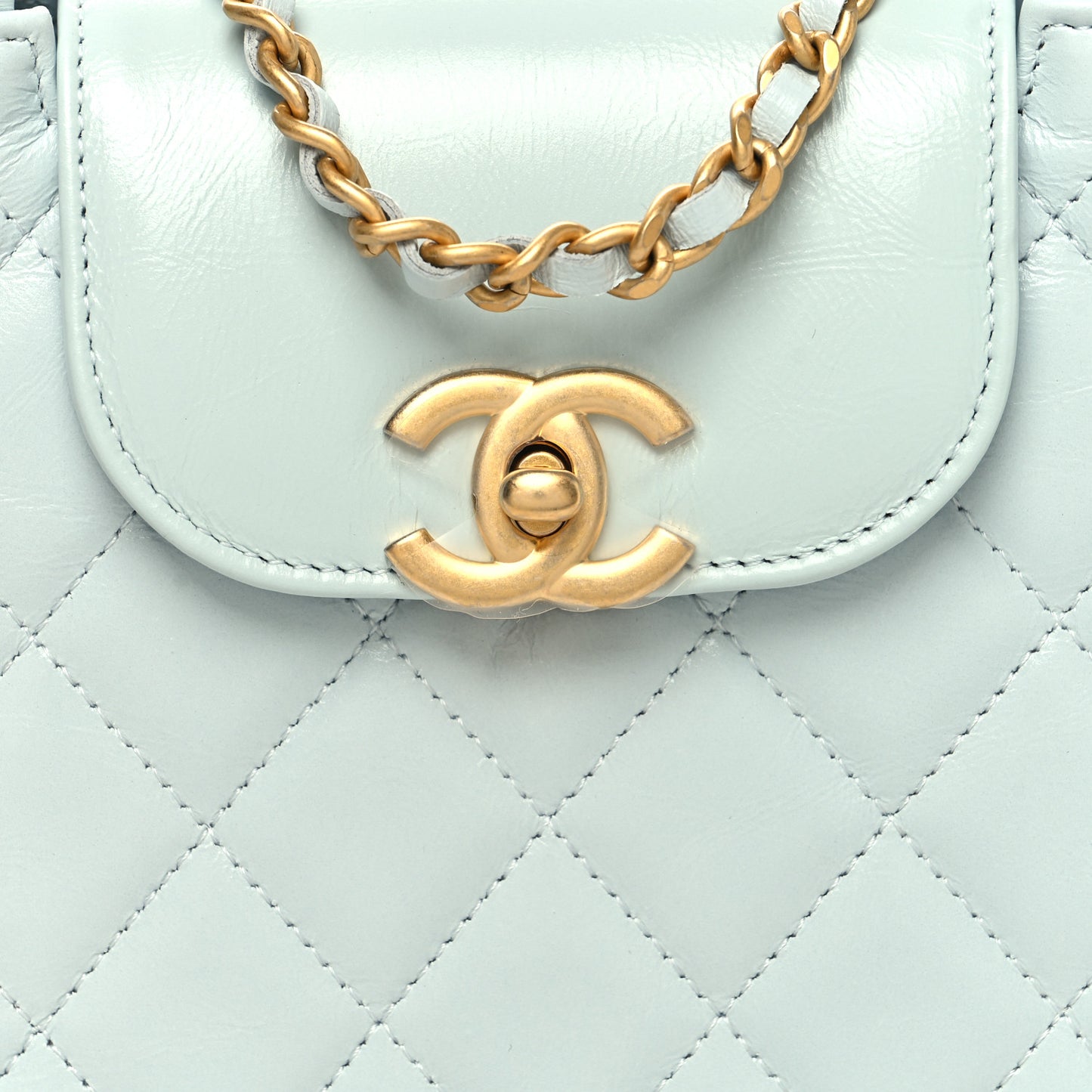 Shiny Aged Calfskin Quilted Nano Kelly Shopper Light Blue