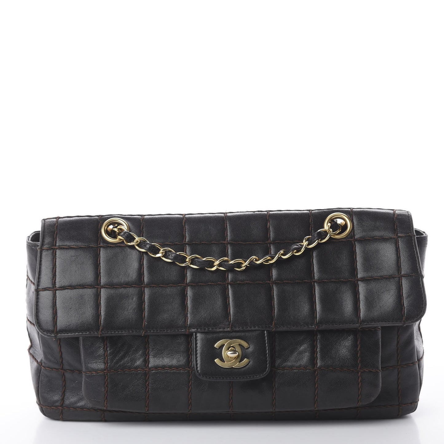 Lambskin Stitched Chocolate Bar Single Flap Brown