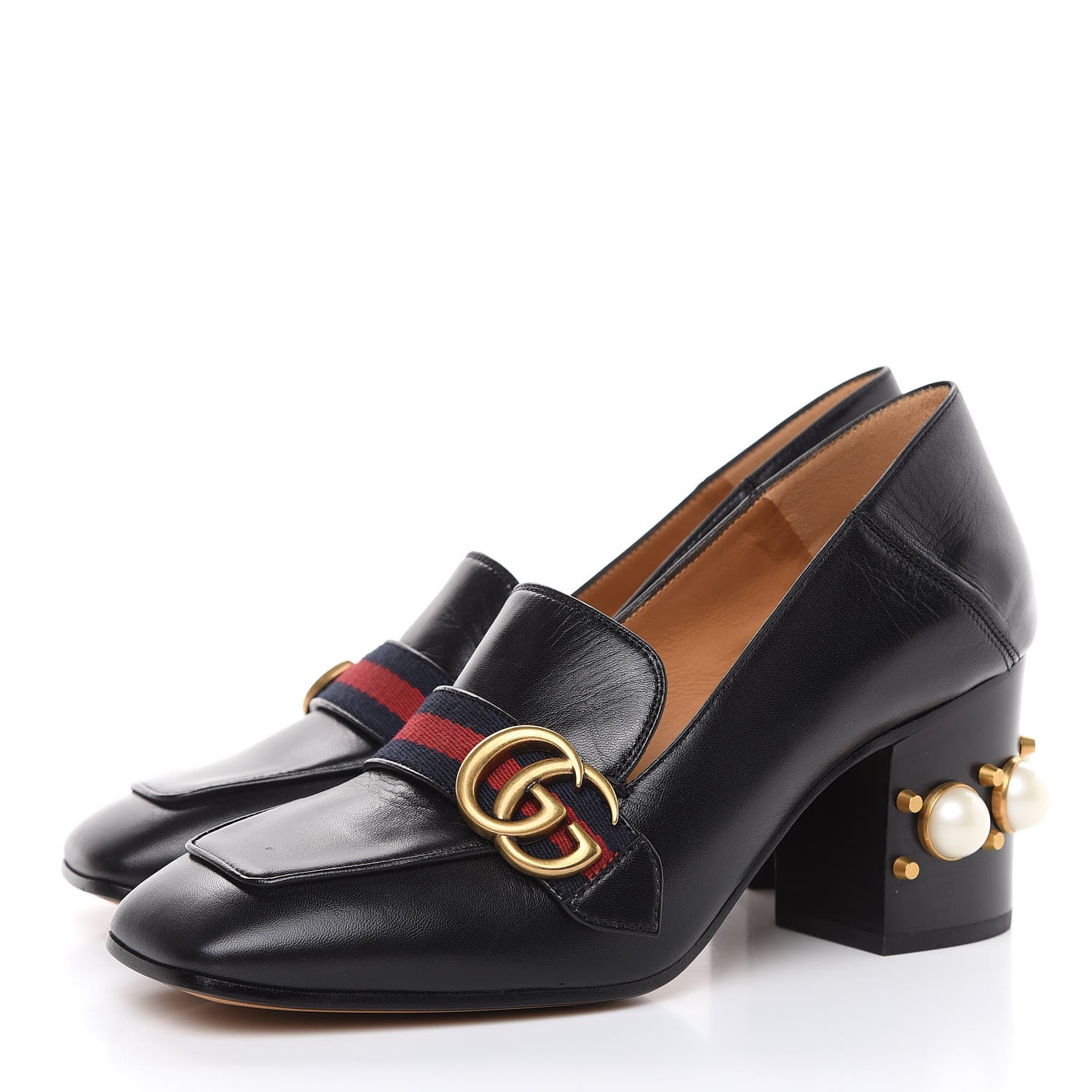 Gucci Malaga Kid Web Pearl Embellished Peyton 75mm Loafer Pumps 38.5 Black 3 of 10