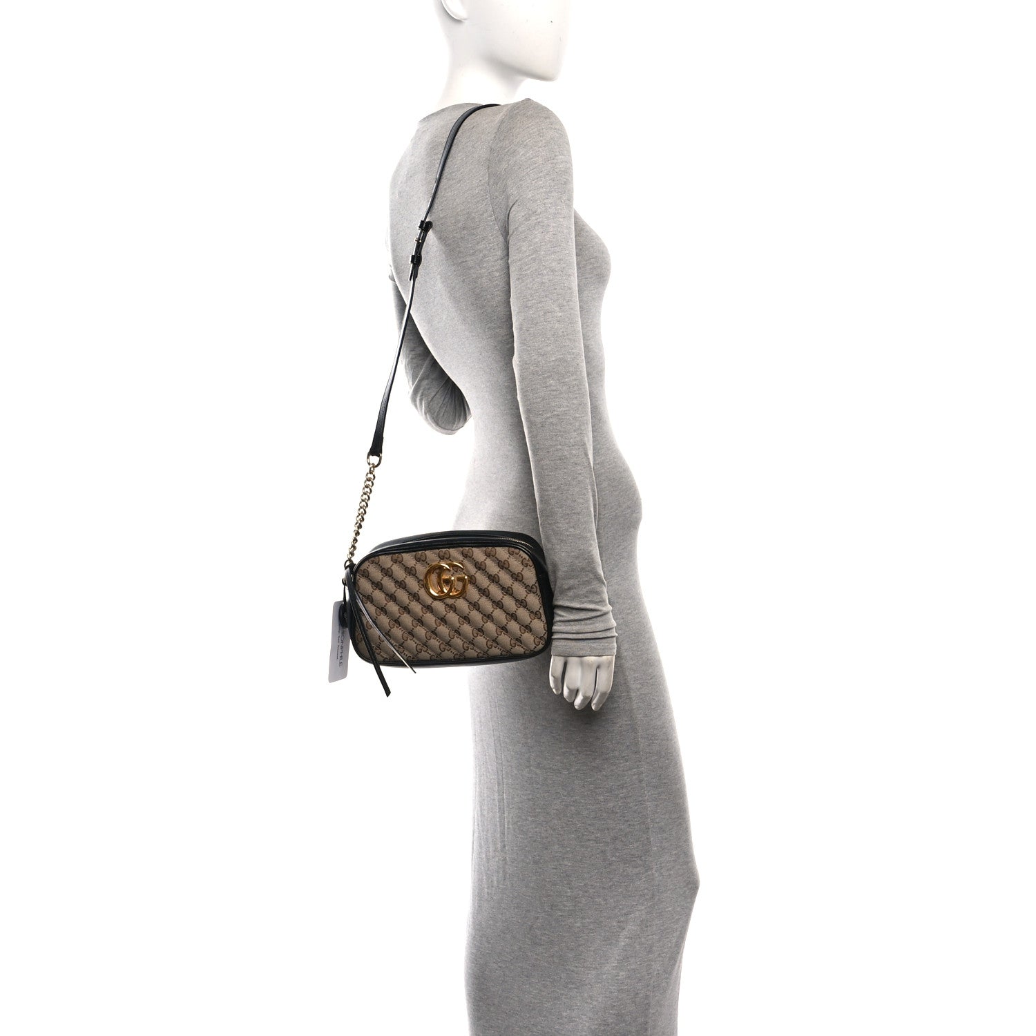 Gucci Monogram Matelasse Diagonal Small GG Marmont Chain Shoulder Bag Beige Black 2 of 10