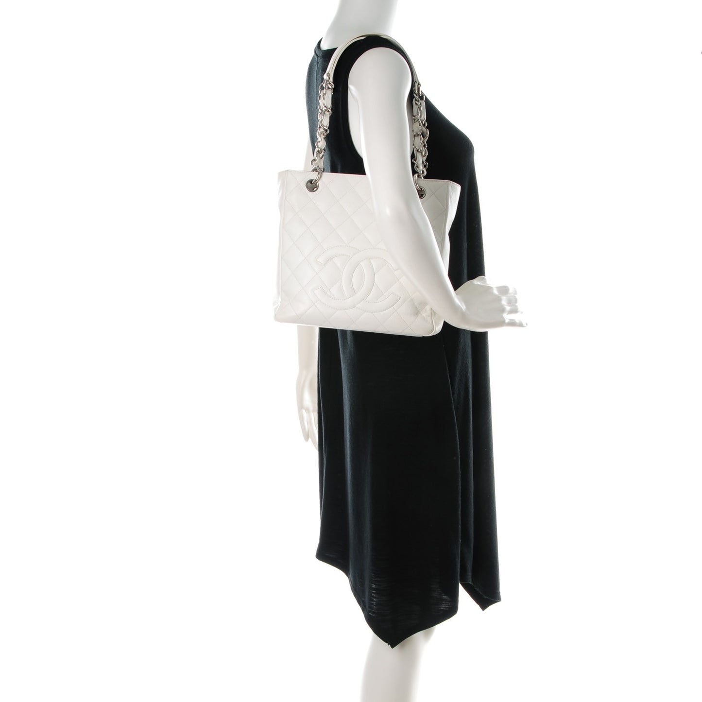 Caviar Quilted Petit Shopping Tote PST White