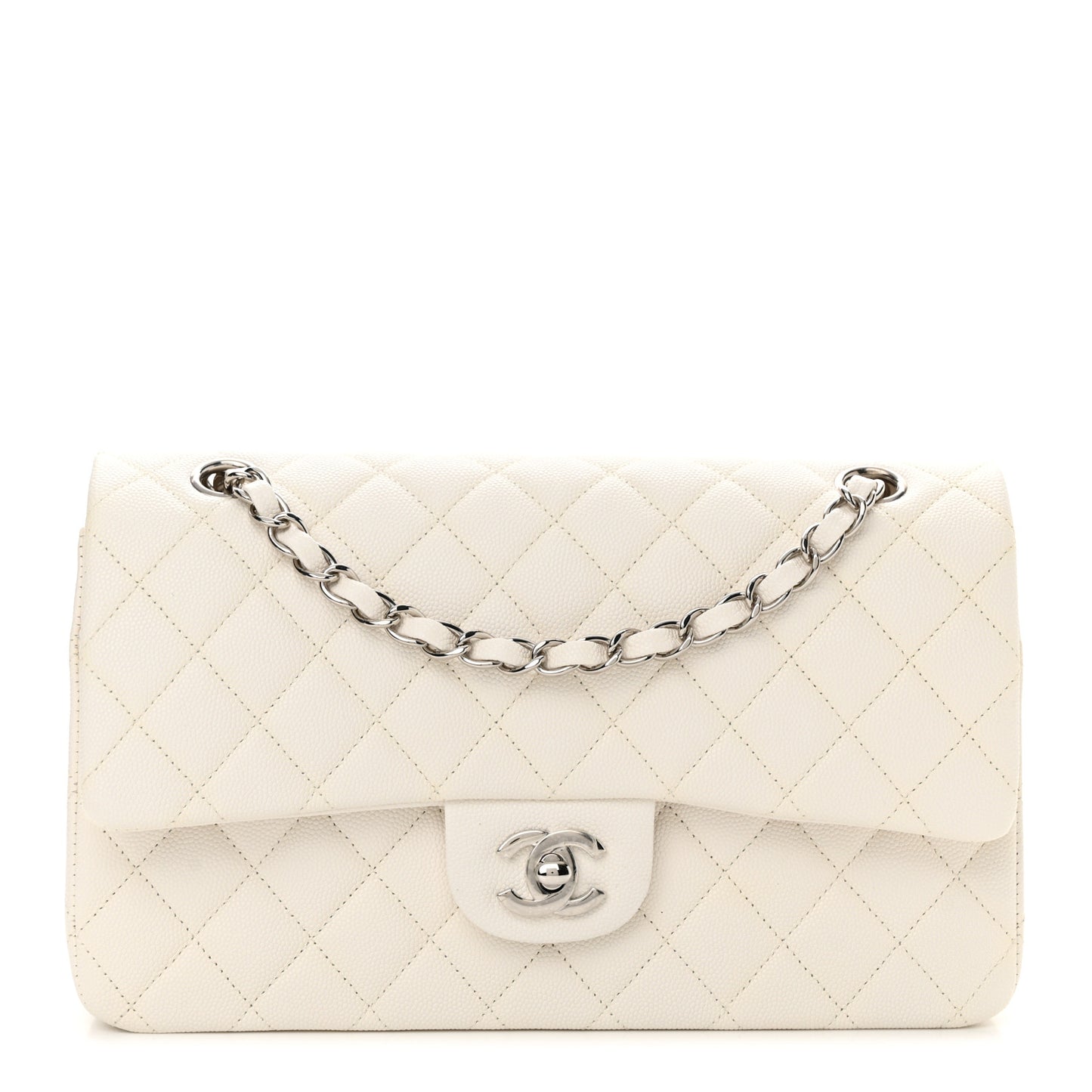 Caviar Quilted Medium Double Flap White
