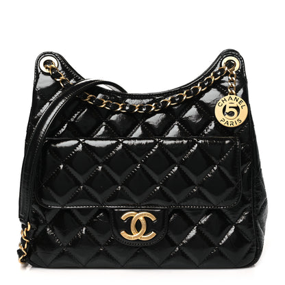 Chanel Shiny Crumpled Calfskin Quilted Wavy CC Hobo Black 1 of 10