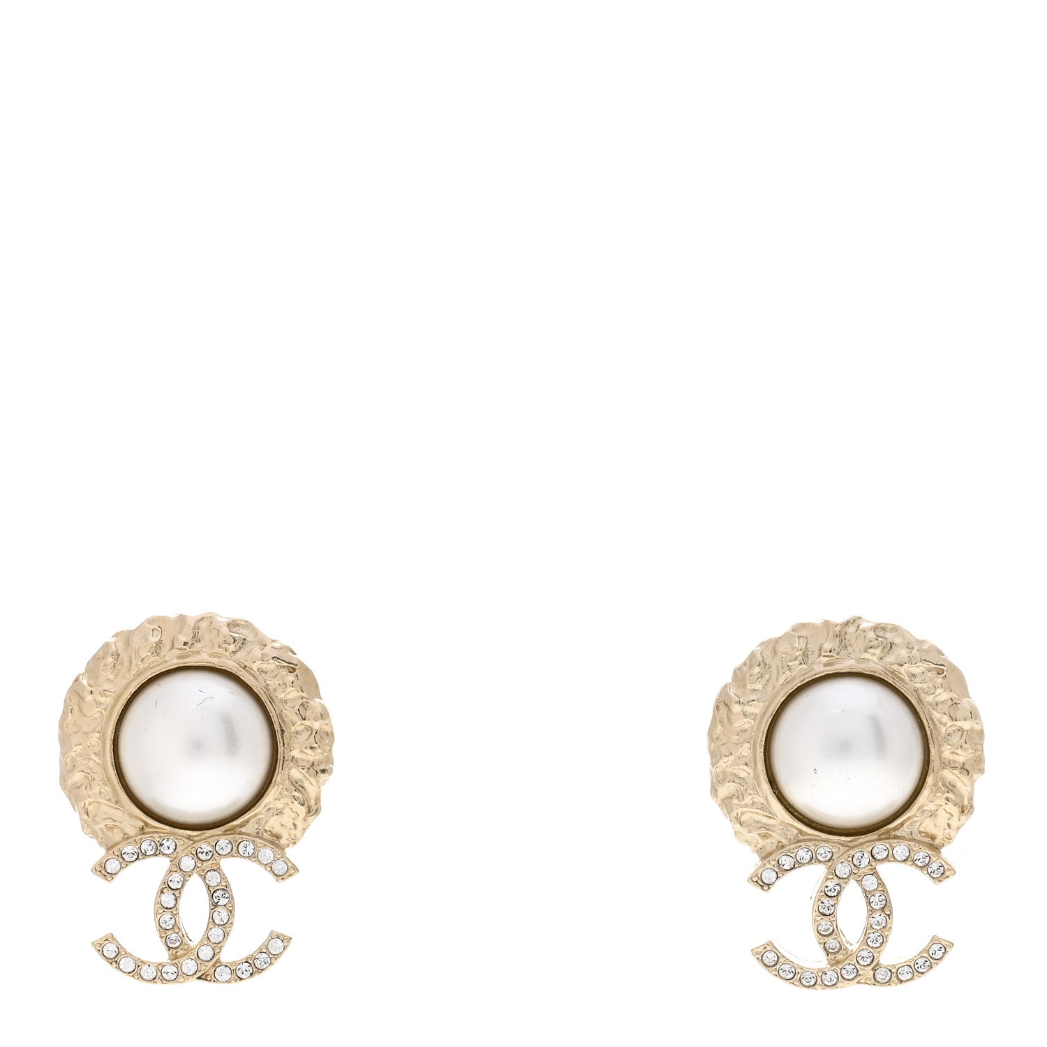 Chanel Crystal Pearl Textured CC Round Drop Earrings Gold 1 of 4