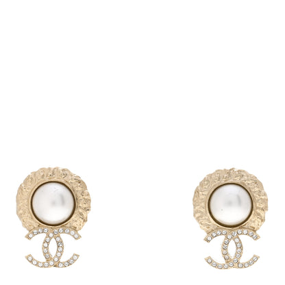 Chanel Crystal Pearl Textured CC Round Drop Earrings Gold 1 of 4