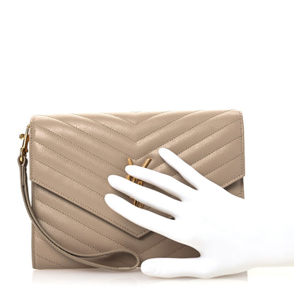 Saint Laurent Grain De Poudre Matelasse Chevron Monogram Envelope Clutch Dark Beige 2 of 11