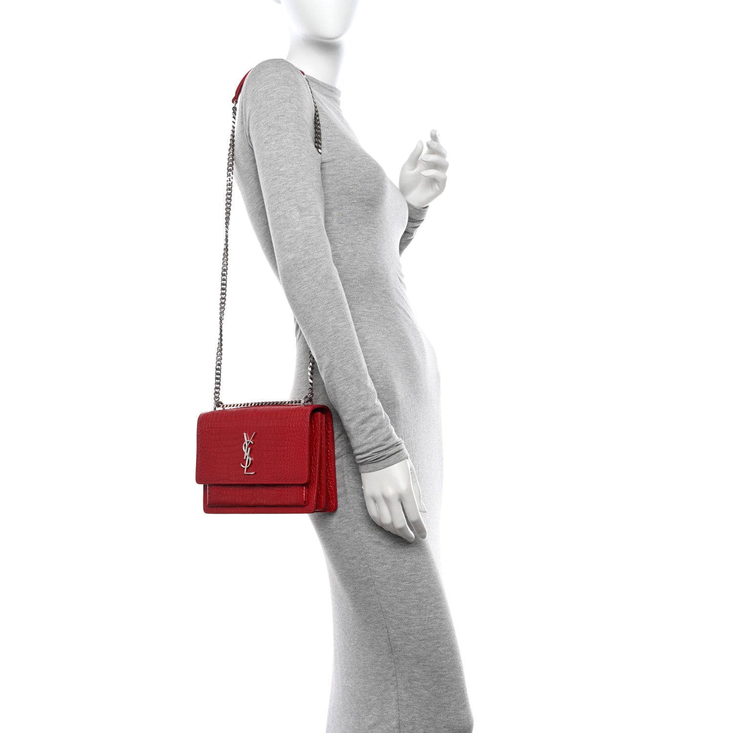 Saint Laurent Calfskin Crocodile Embossed Medium Monogram Sunset Rouge Eros 2 of 18