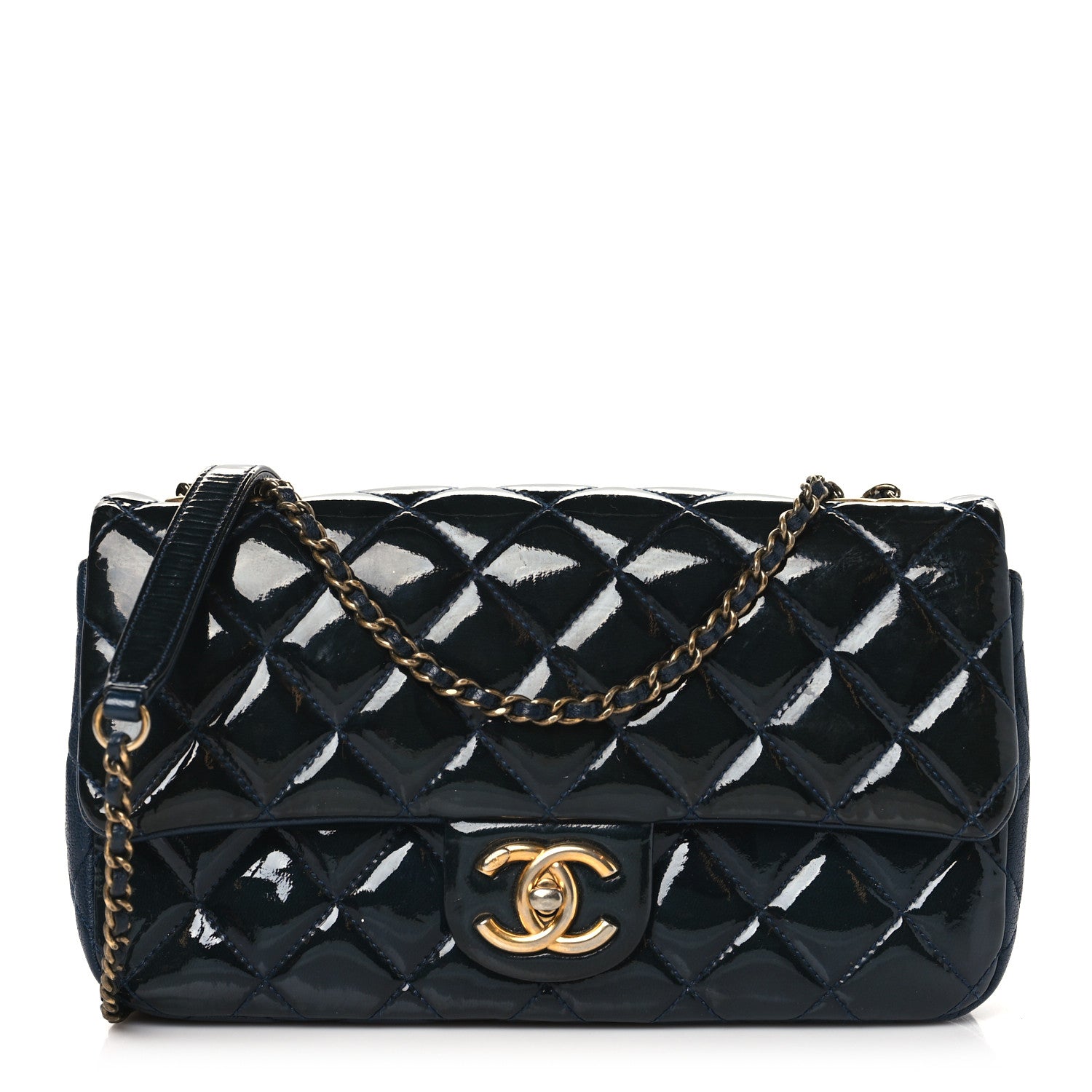 Chanel Patent Goatskin Quilted Small CC Eyelet Flap Blue 1 of 12