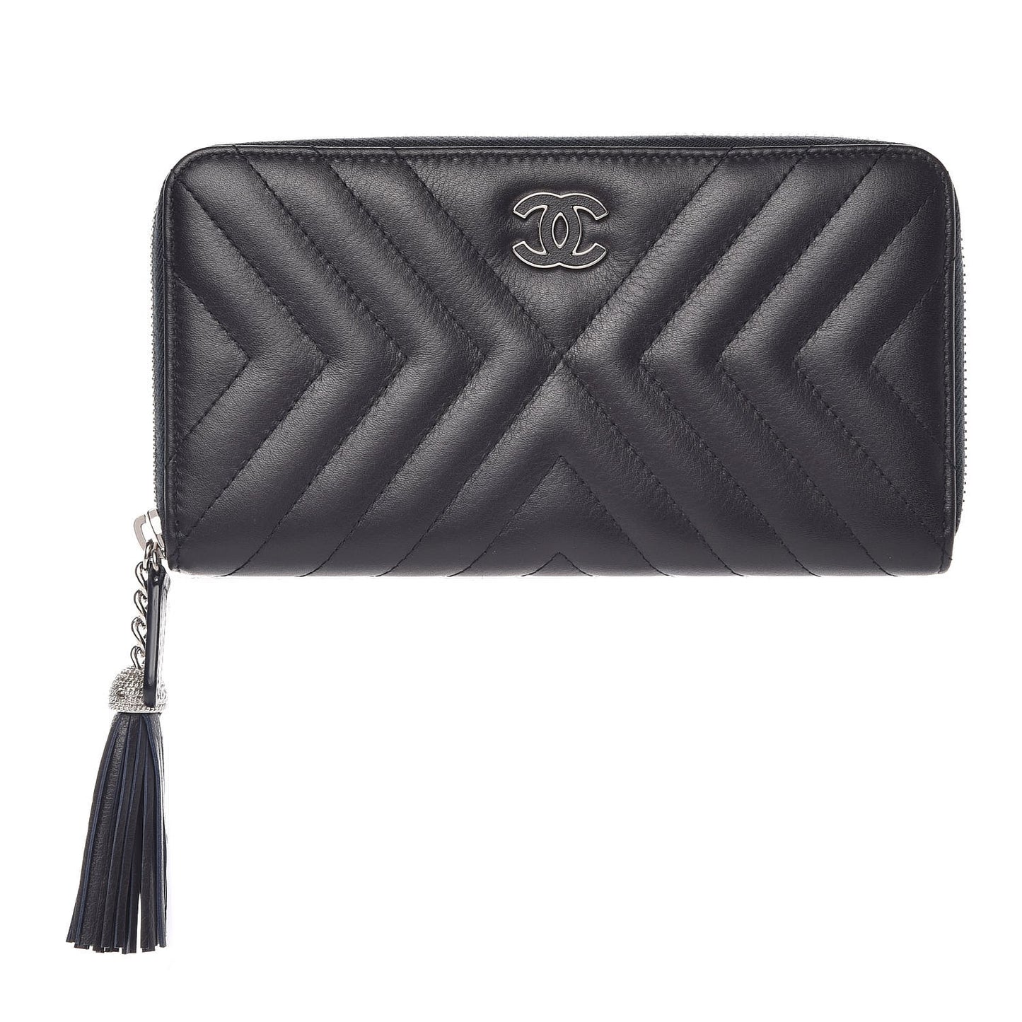 Calfskin Chevron Quilted Zip Around Tassel Wallet Navy