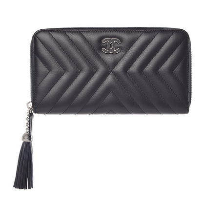 Chanel Calfskin Chevron Quilted Zip Around Tassel Wallet Navy 1 of 9