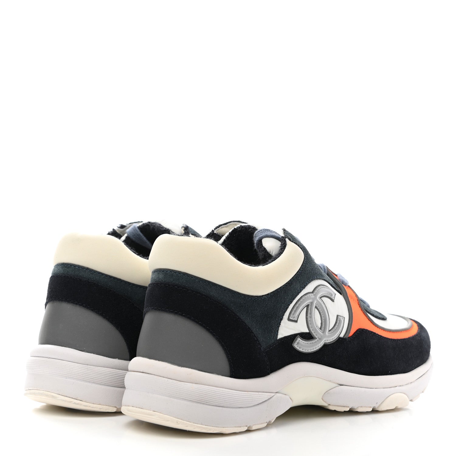 Chanel Nylon Calfskin Suede CC Womens Sneakers 38 Navy White Orange Black 4 of 7