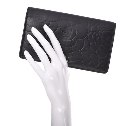 Chanel Lambskin Camellia Embossed Yen Wallet Black 2 of 14