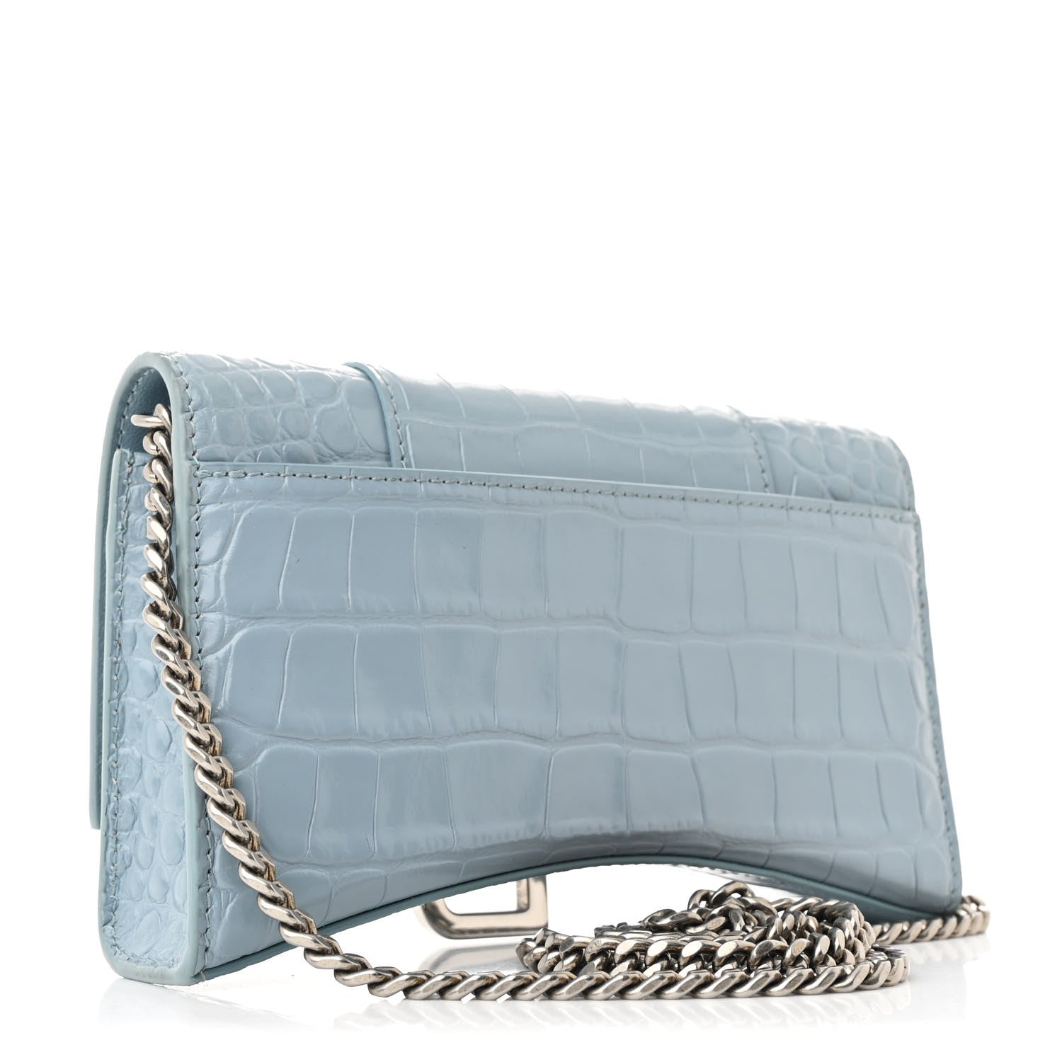 Balenciaga Shiny Calfskin Crocodile Embossed Hourglass Chain Bag Blue Grey 3 of 11