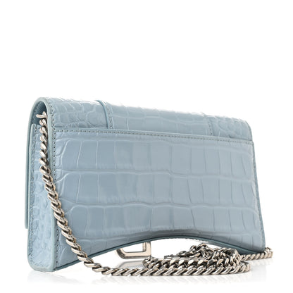 Balenciaga Shiny Calfskin Crocodile Embossed Hourglass Chain Bag Blue Grey 3 of 11