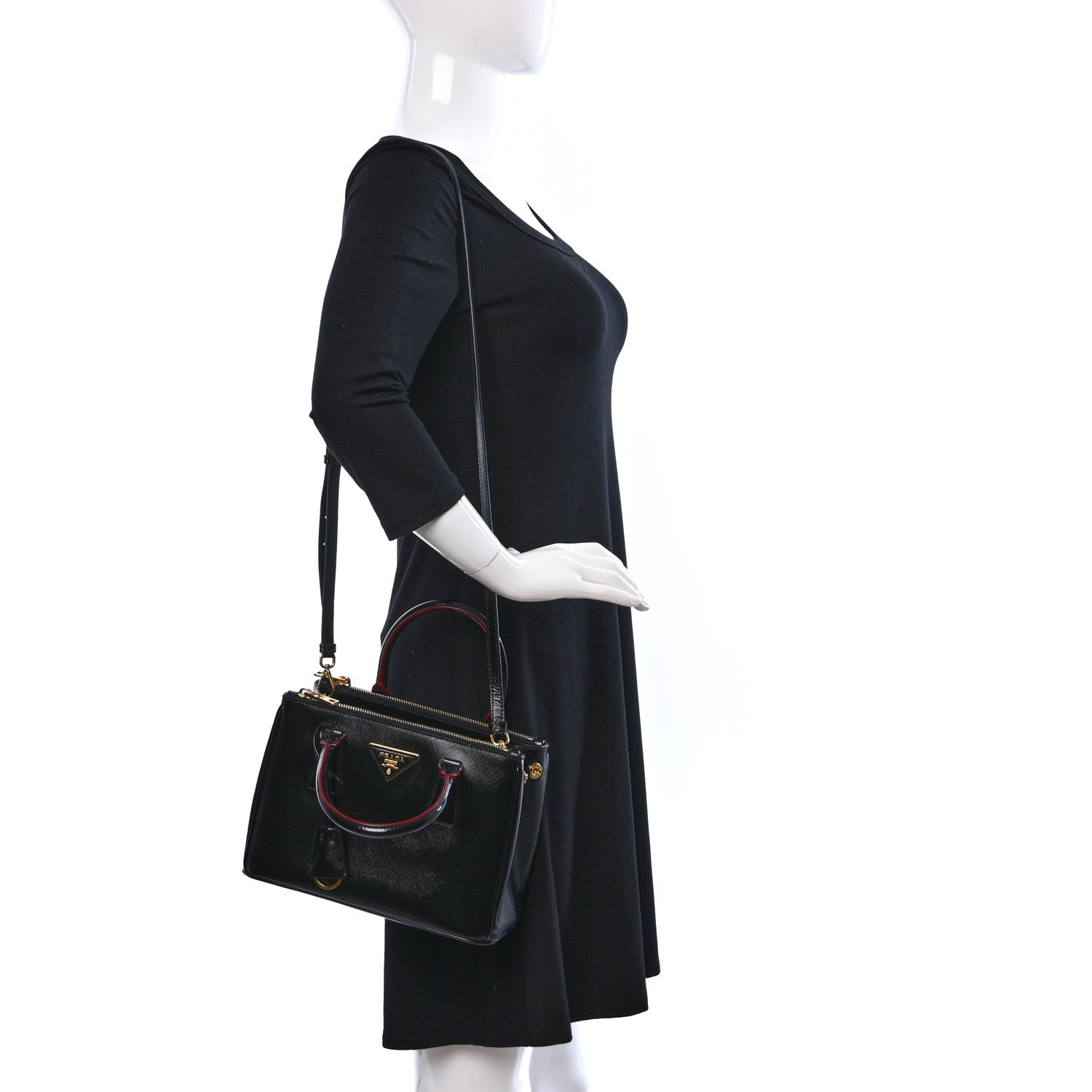 Prada Saffiano Vernice Small Galleria Double Zip Tote Black Rosso 2 of 9