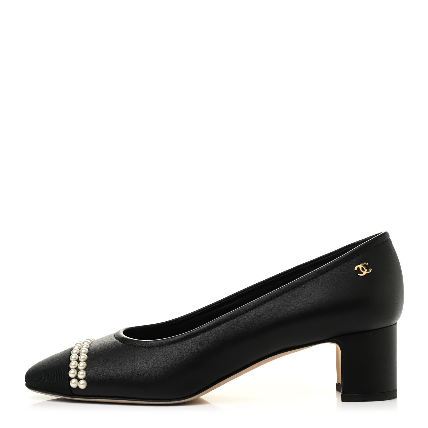 Chanel Lambskin Grosgrain Pearl Cap Toe CC Pumps 38.5 Black 1 of 8
