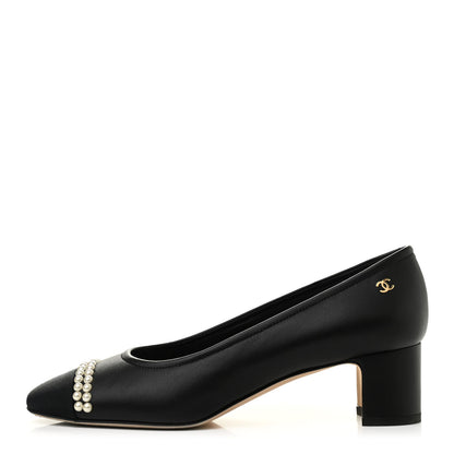Chanel Lambskin Grosgrain Pearl Cap Toe CC Pumps 38.5 Black 1 of 8