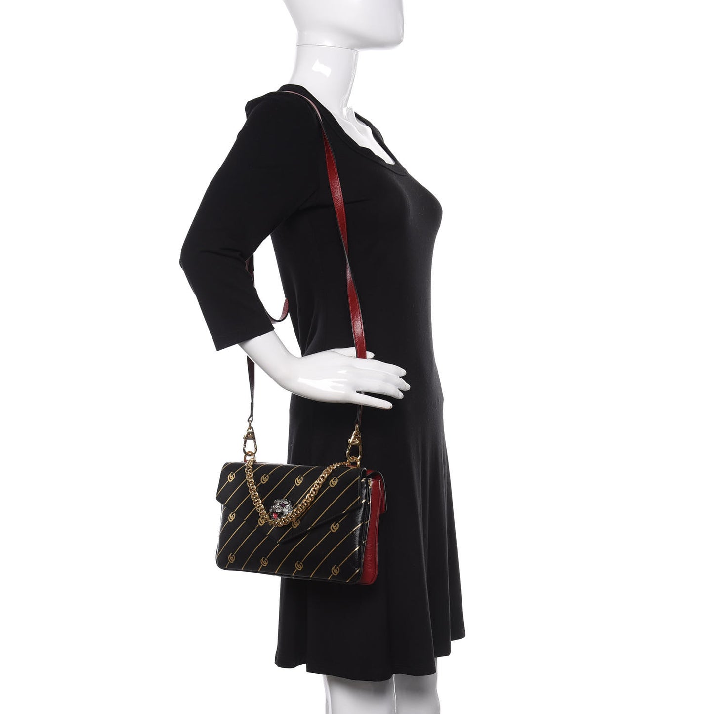 Calfskin Diagonal GG Medium Thiara Double Envelope Shoulder Bag Black Red