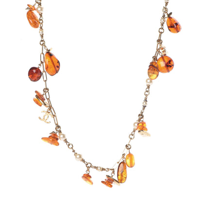 Chanel Pearl Beaded CC Necklace Orange Gold 1 of 4