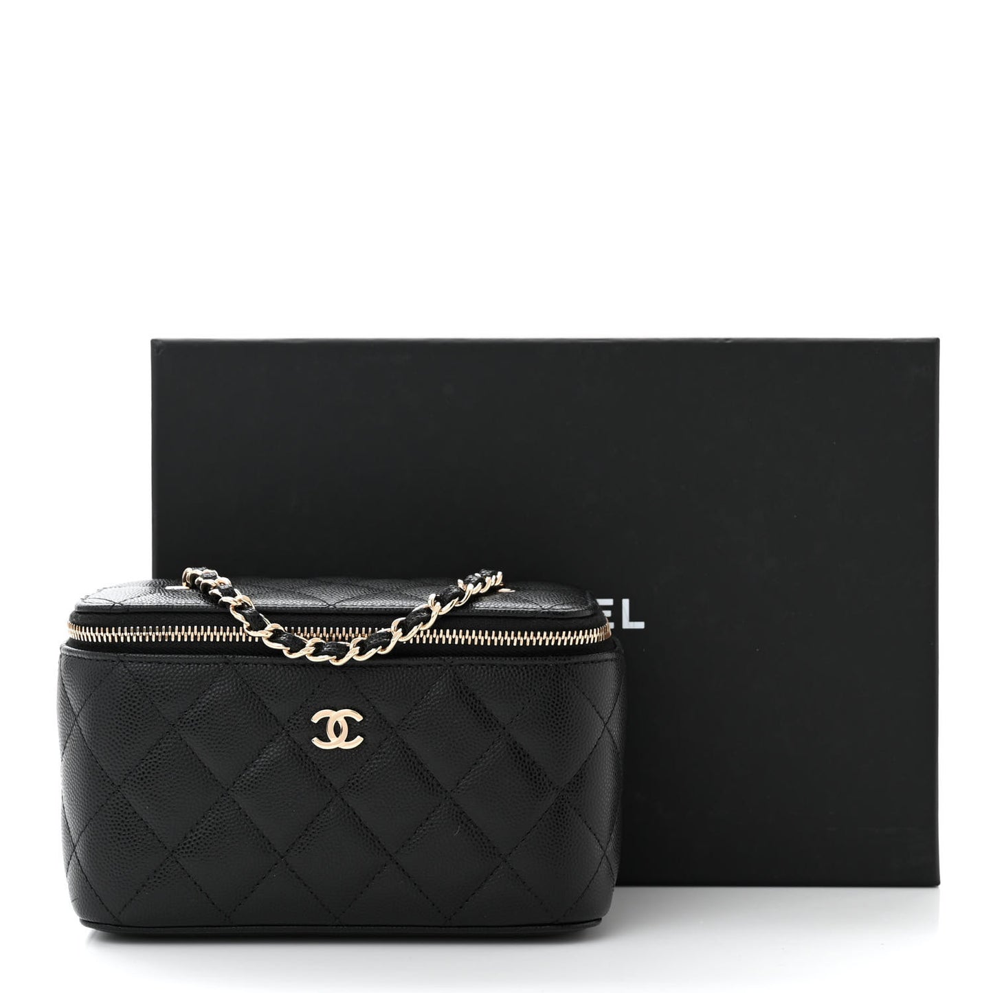 Caviar Quilted Small Vanity Case With Chain Black