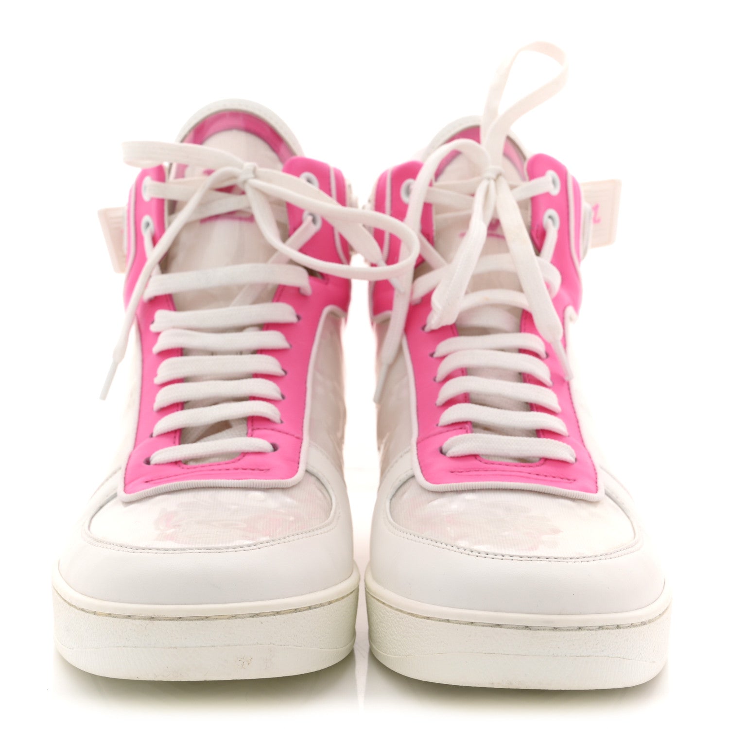 Louis Vuitton Calfskin Nylon Mesh Monogram Womens Boombox High Top Sneakers 39 White Pink 3 of 11