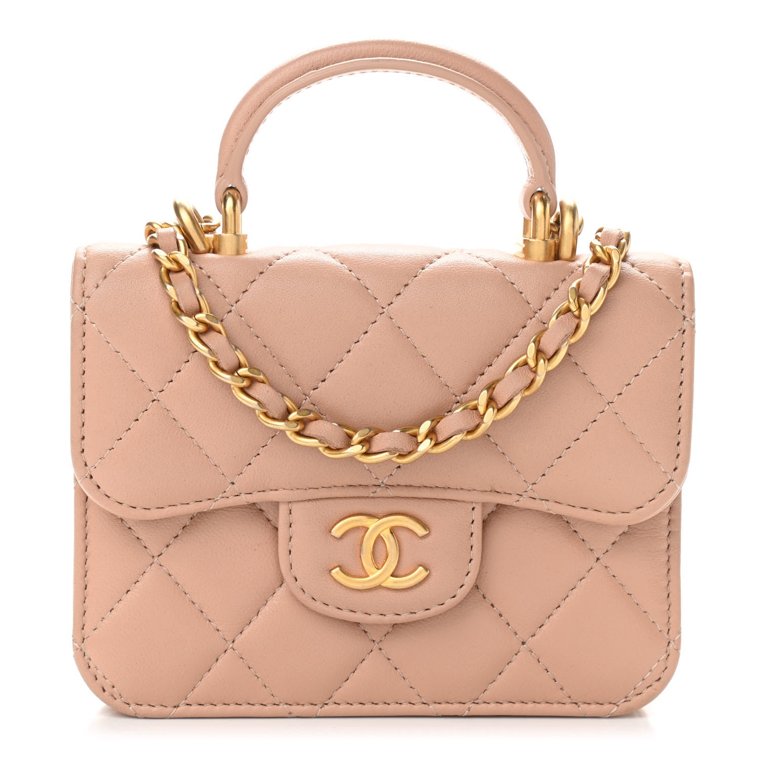 Chanel Lambskin Quilted Top Handle Flap Coin Purse With Chain Beige 1 of 11