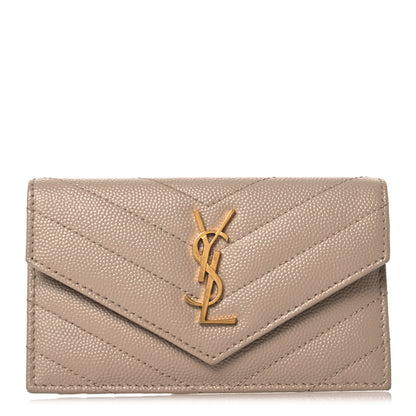 Saint Laurent Grain De Poudre Matelasse Chevron Monogram Compact Wallet Dark Beige 1 of 11