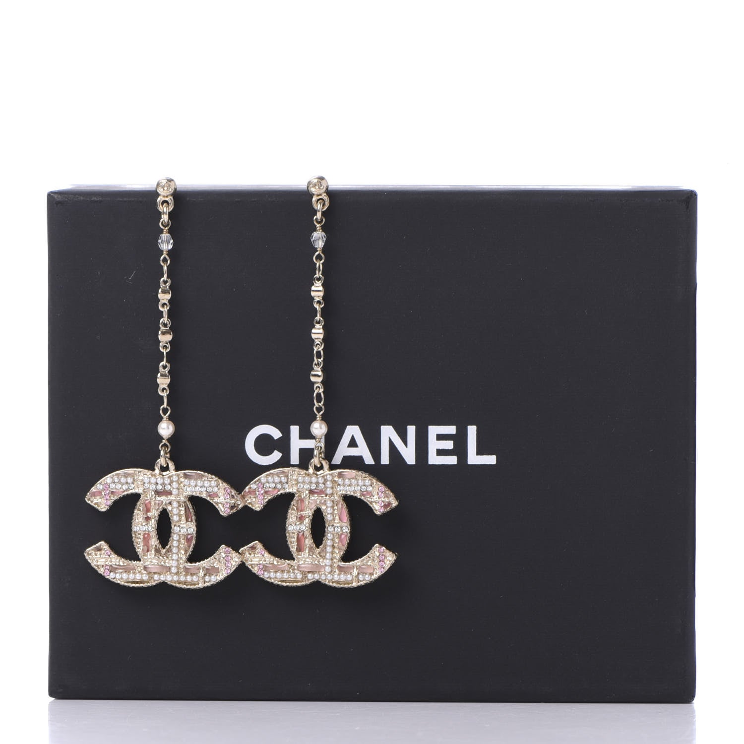 Chanel Pearl Crystal CC Tweed Drop Earrings Gold Pink Pearly White 4 of 4