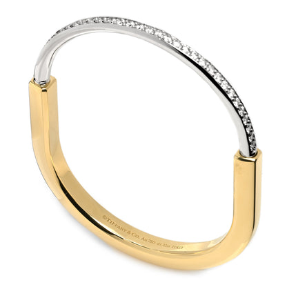 Tiffany 18K Yellow White Gold Diamond Tiffany Lock Half Pave Bangle Bracelet 2 of 6