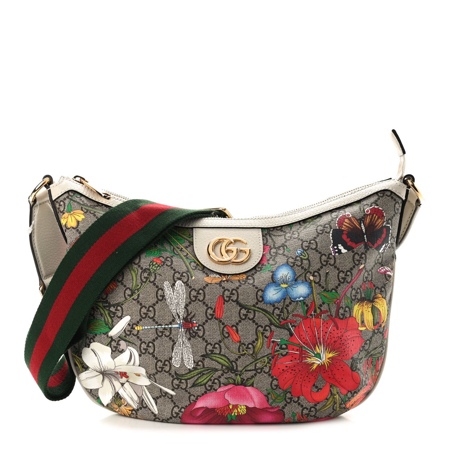 GG Supreme Monogram Flora Web Small Ophidia Half Moon Hobo White
