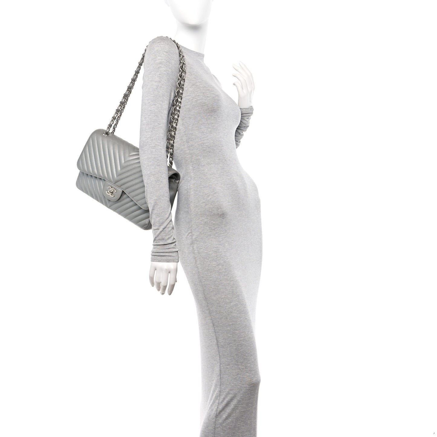 Metallic Caviar Chevron Quilted Jumbo Double Flap Silver