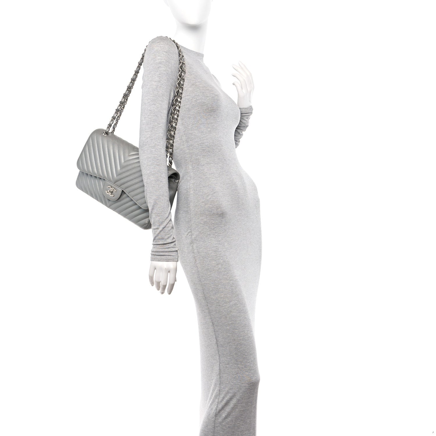 Chanel Metallic Caviar Chevron Quilted Jumbo Double Flap Silver 2 of 13